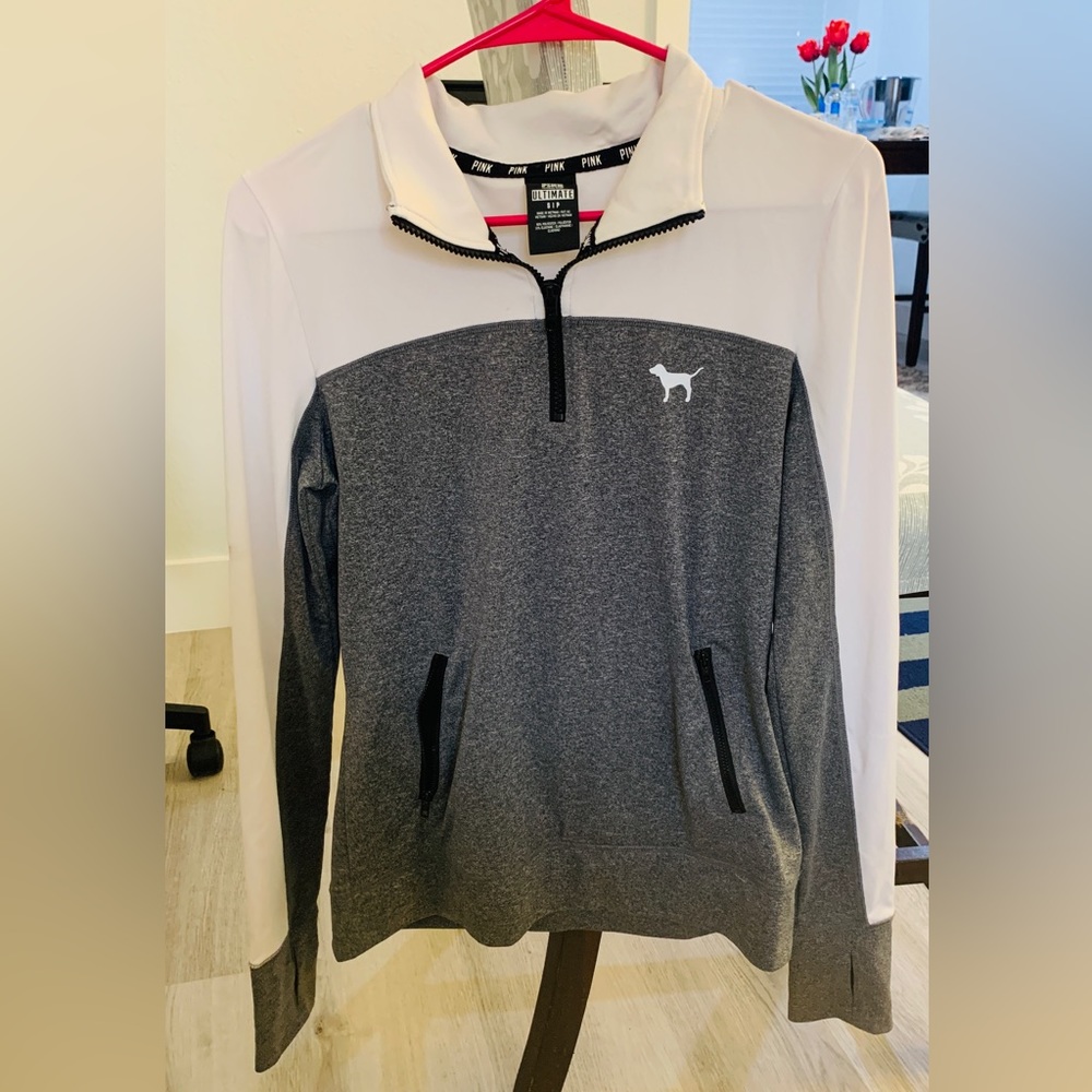 VS Pink 3/4 Zip Size small Pullover w/thumb holes. 90% polyester 10% elastane.